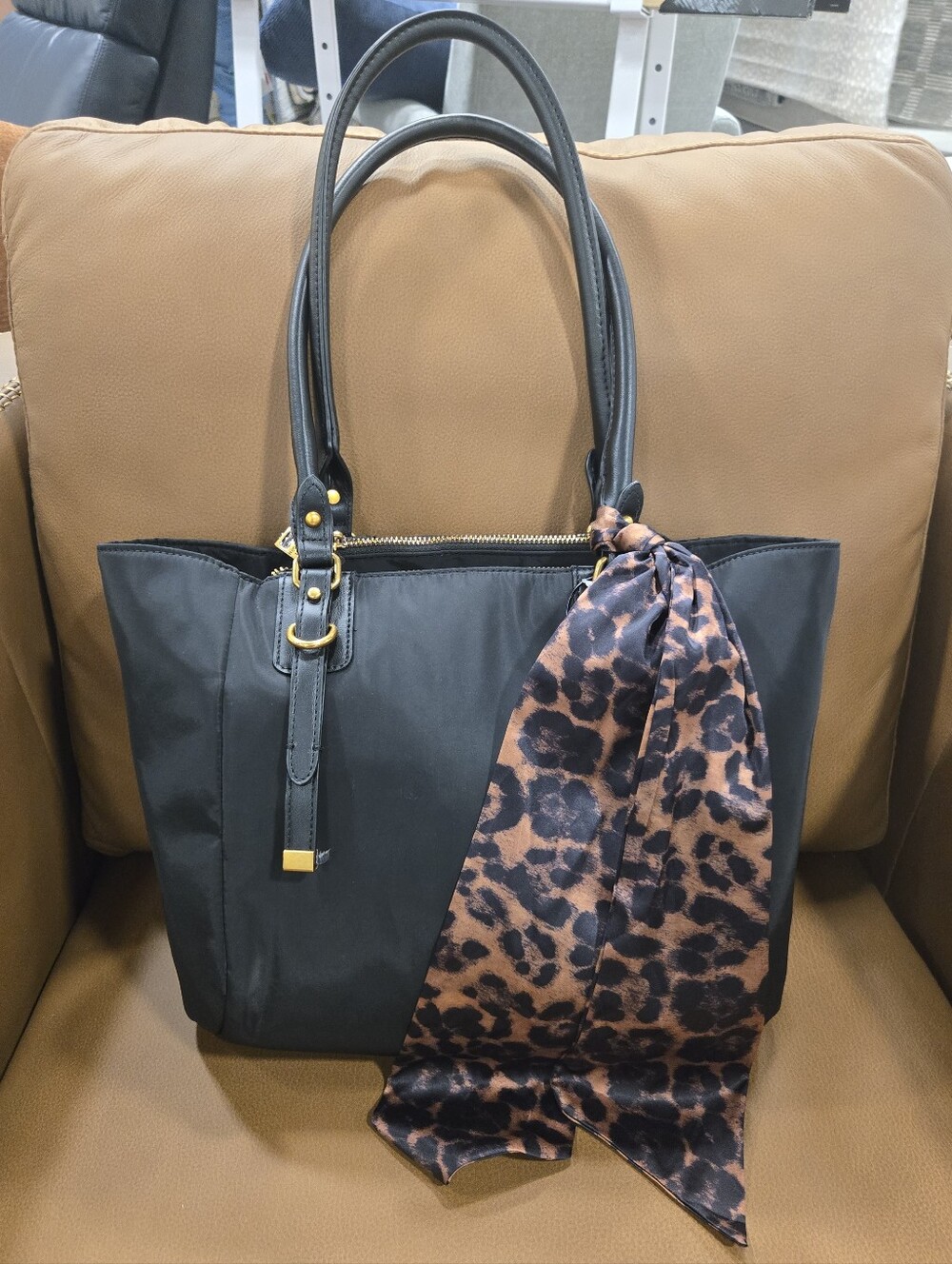 Steve Madden Black Tote with Leopard Scarf